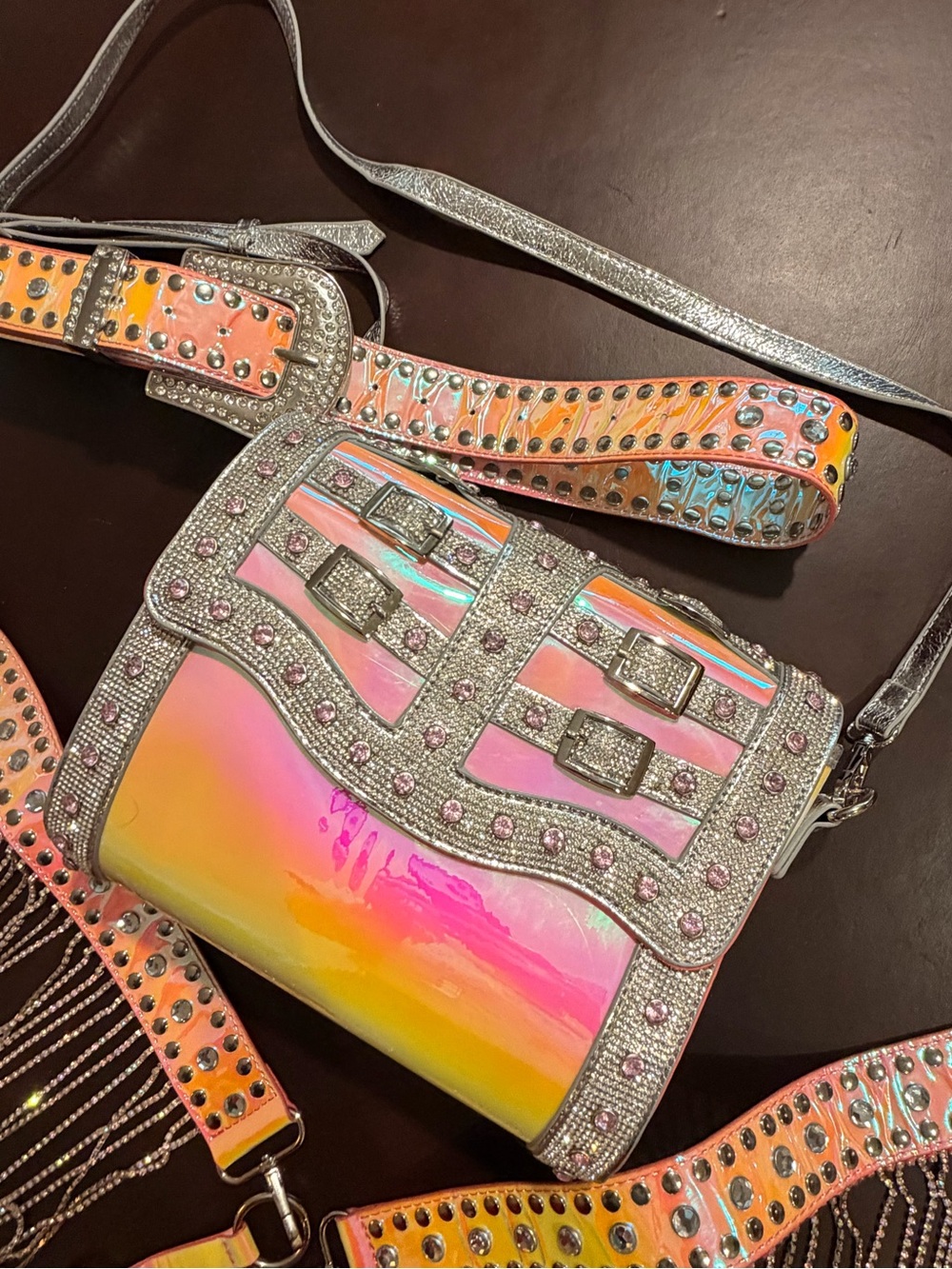 NEW Dolls Kill CLUB-EXX Holographic Hip Bag with belt + rhinestone thigh straps